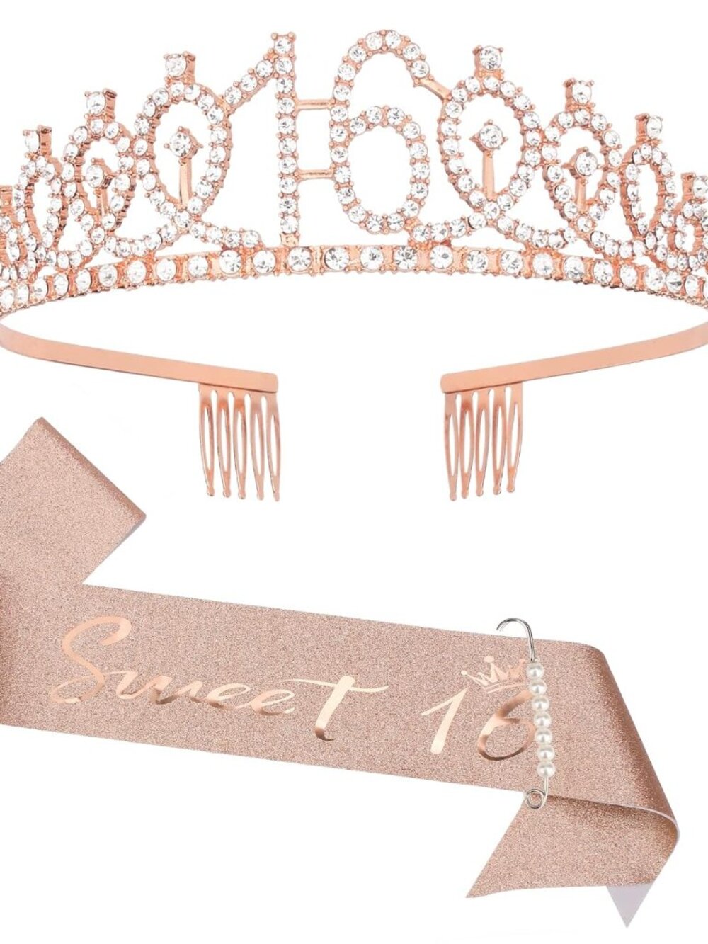 16th Birthday Crown & Sweet 16 Sash & Pearl Pin Set, Birthday Tiara and Crown fo